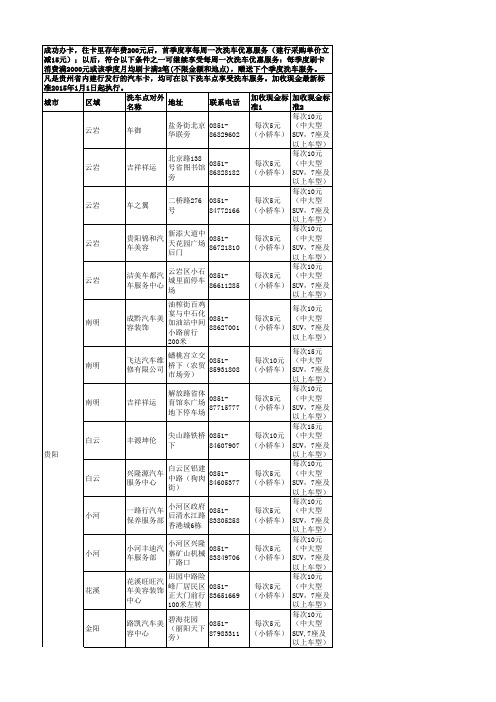 贵州地区龙卡洗车服务点一览表