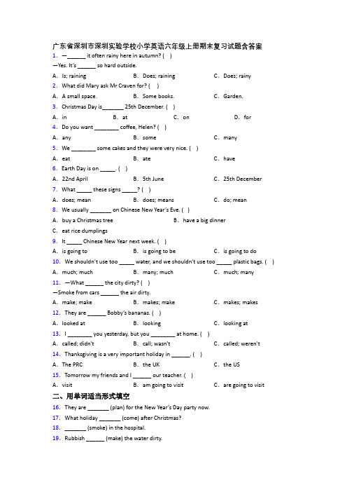 广东省深圳市深圳实验学校小学英语六年级上册期末复习试题含答案