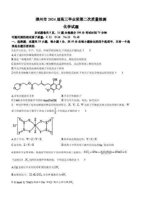 福建省漳州市2024届高三上学期第二次质量检测化学