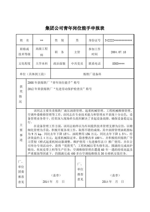 集团公司青年岗位能手推荐表