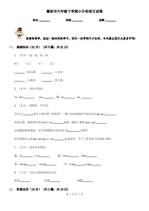 襄阳市六年级下学期小升初语文试卷