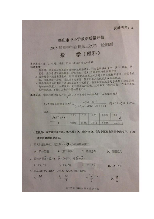 2015肇庆三模 广东省肇庆市2015届高三第三次统一检测数学理试题 扫描版含答案