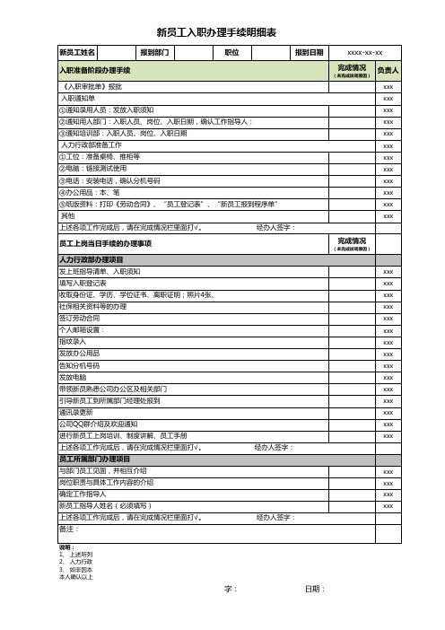 新员工入职办理手续明细表