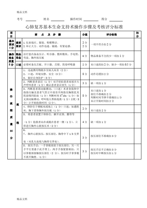 最新心肺复苏操作步骤及考核评分标准