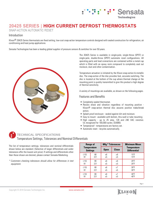 Sensata Technologies Klixon 20425 Series温度控制器说明说明书