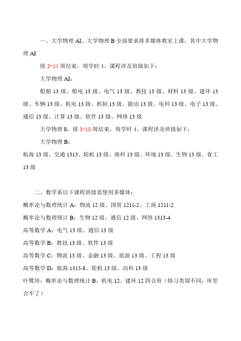 一、大学物理AI、大学物理B全部要求排多媒体教室上课,其中大学物理AI