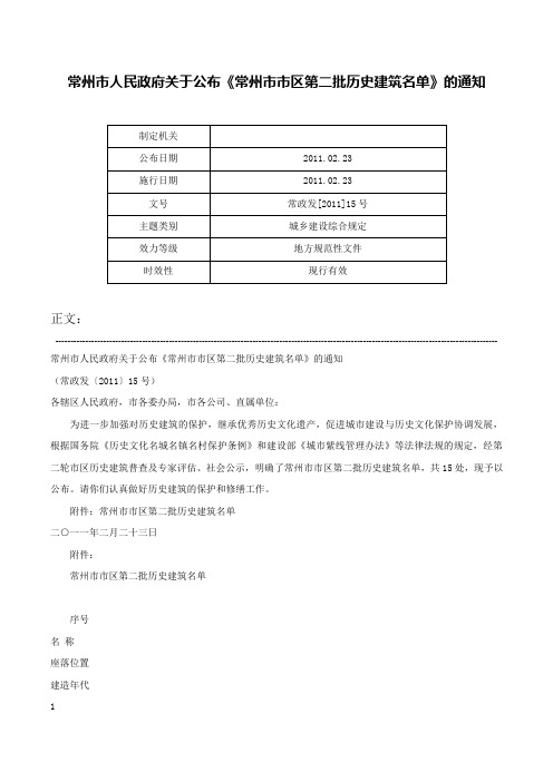 常州市人民政府关于公布《常州市市区第二批历史建筑名单》的通知-常政发[2011]15号