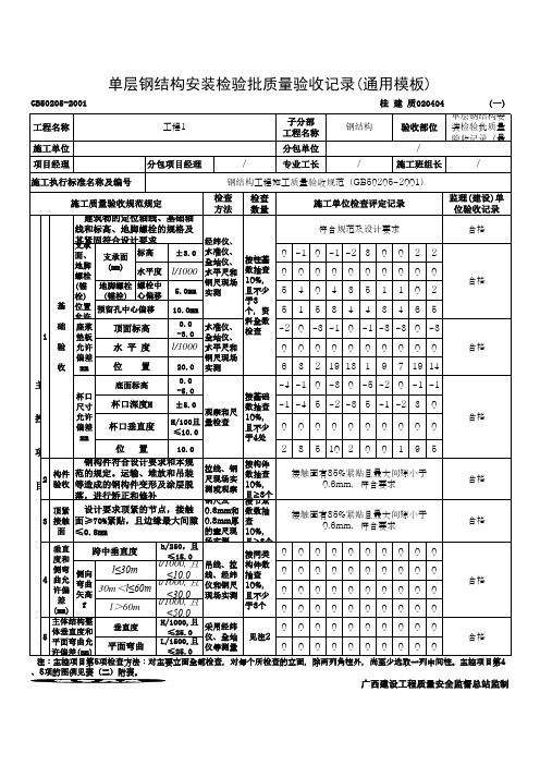 单层钢结构安装检验批质量验收记录(通用模板)