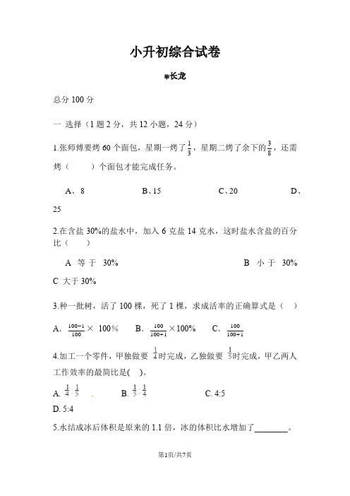 六年级下册数学小升初试题综合测试 通用版