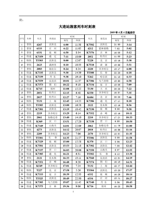 大连站旅客列车时刻表