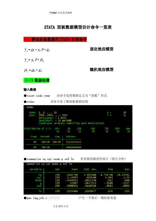 STATA面板数据模型操作命令