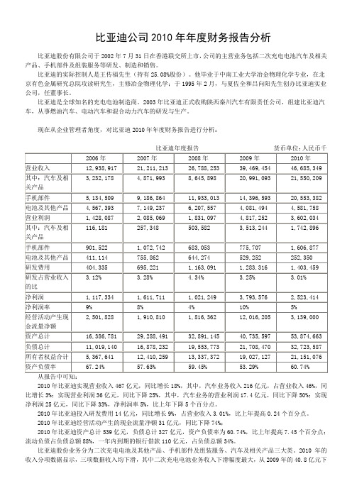 比亚迪公司2010年年度财务报告分析