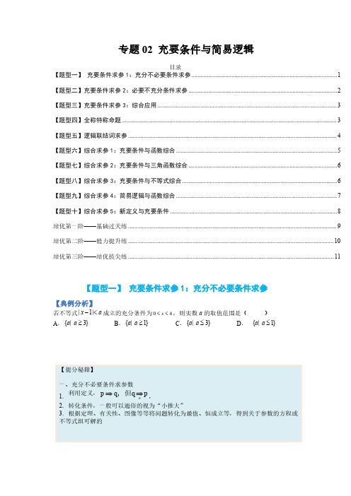 专题02 充要条件与简易逻辑-2023学年高一数学培优练(人教A版2019第一册)(原卷版)