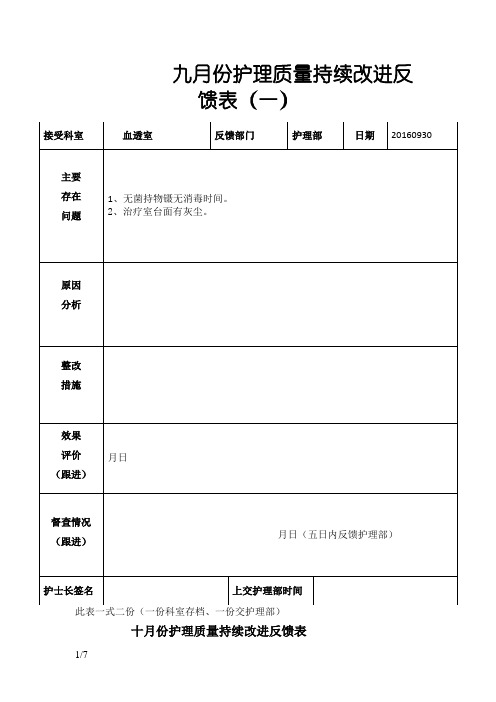 血透室护理质量持续改进反馈表