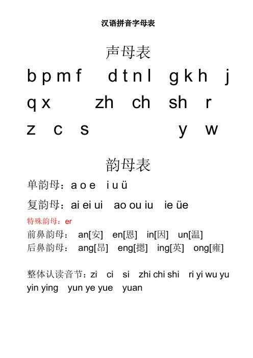 小学一年级汉语拼音字母表及声调