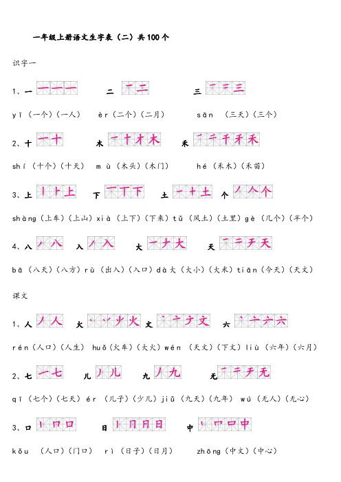 人教版一年级上册语文生字表(二)带笔顺拼音组词及积累