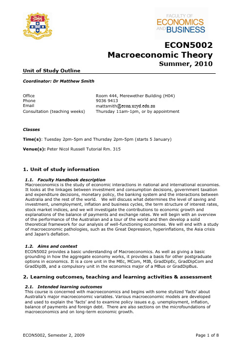 ECON5002_Macroeconomic Theory_2010 Semester Summer_Course Outline 5002 Summer 2010