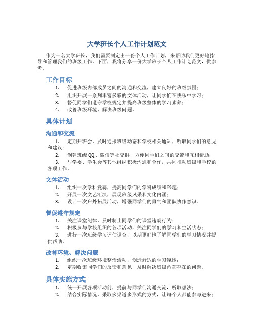 大学班长个人工作计划范文