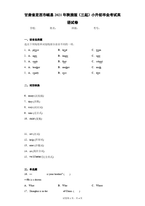 甘肃省定西市岷县2021年陕旅版(三起)小升初毕业考试英语试卷(含答案解析)