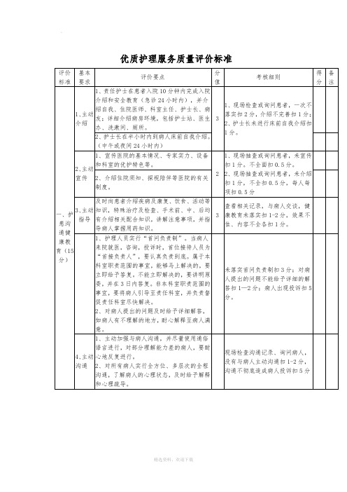 优质护理服务质量评价标准