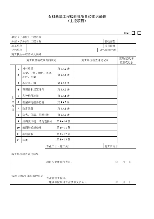 石材幕墙工程检验批质量验收记录表(主控项目)