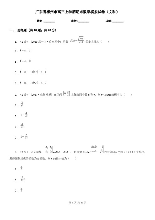 广东省梅州市高三上学期期末数学模拟试卷(文科)