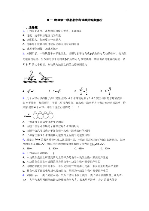 高一 物理第一学期期中考试卷附答案解析