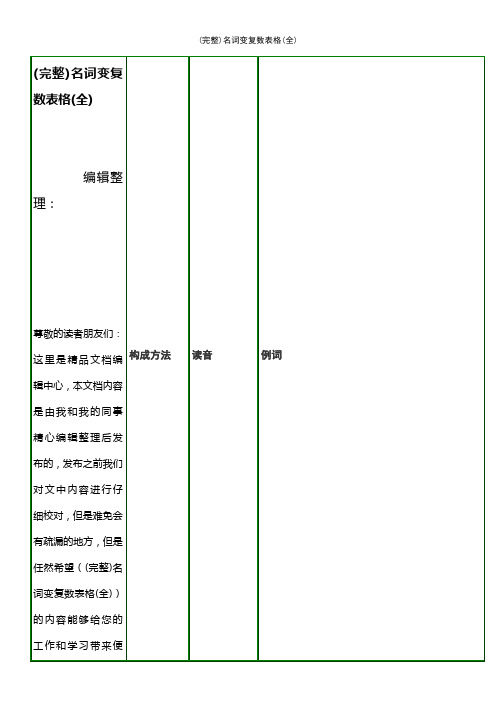 (最新整理)名词变复数表格(全)