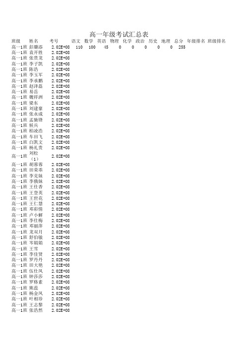 高一年级考试成绩登分表