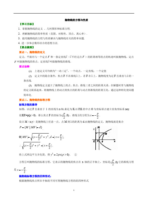 人教版高中数学理科选修2-1同步练习题、期中、期末复习资料、补习资料：25【提高】抛物线的方程与性质