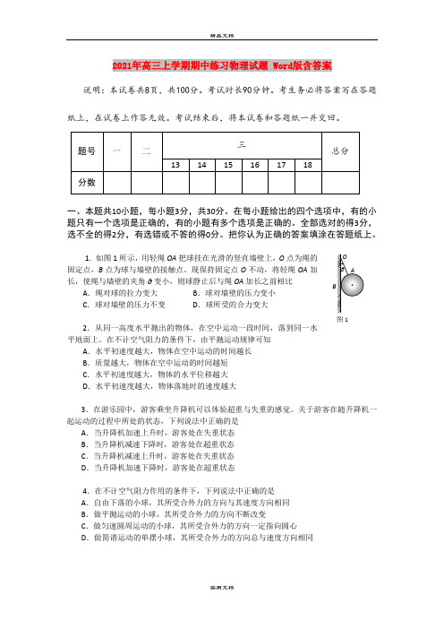 2021年高三上学期期中练习物理试题 Word版含答案