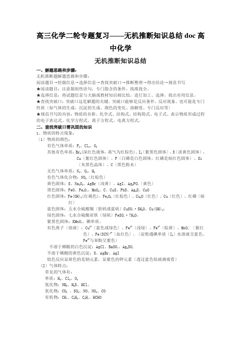 高三化学二轮专题复习——无机推断知识总结doc高中化学