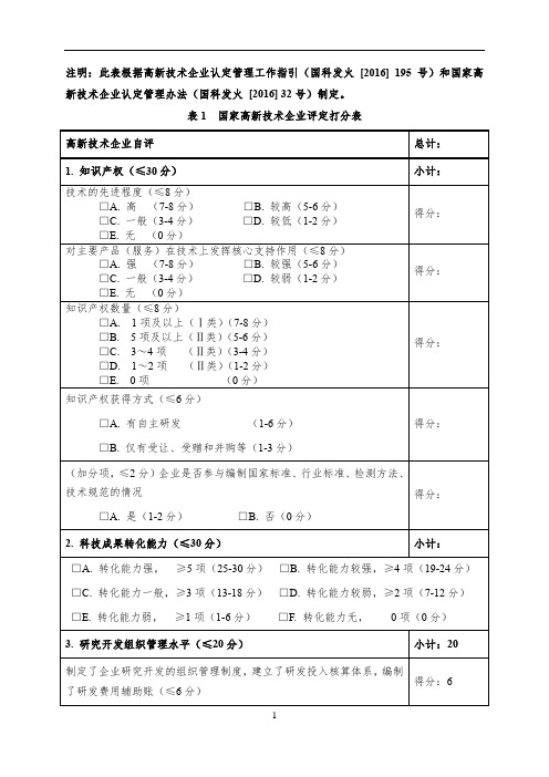 国家高新技术企业评定打分表