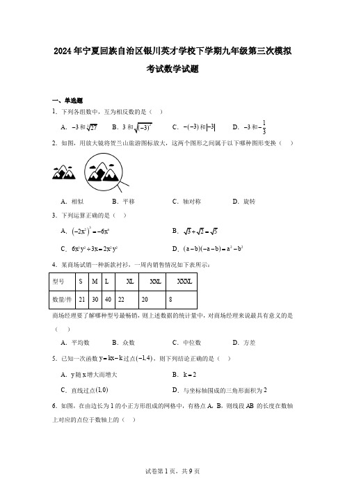 2024年宁夏回族自治区银川英才学校下学期九年级第三次模拟考试数学试题