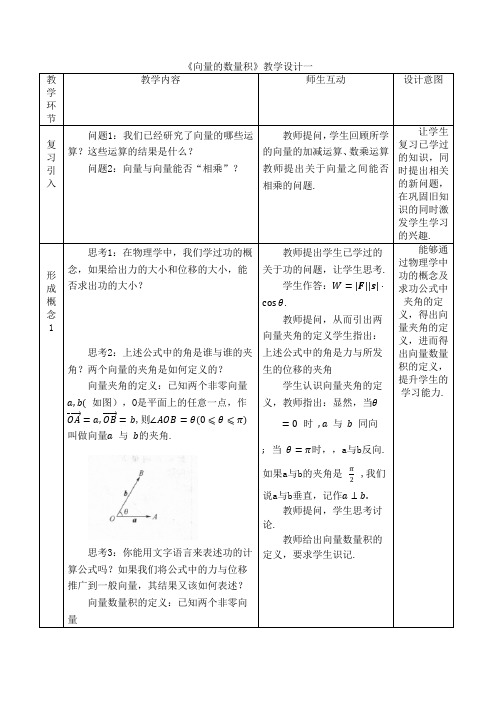 高一数学必修第二册 2019(A版)_《向量的数量积》教学设计一