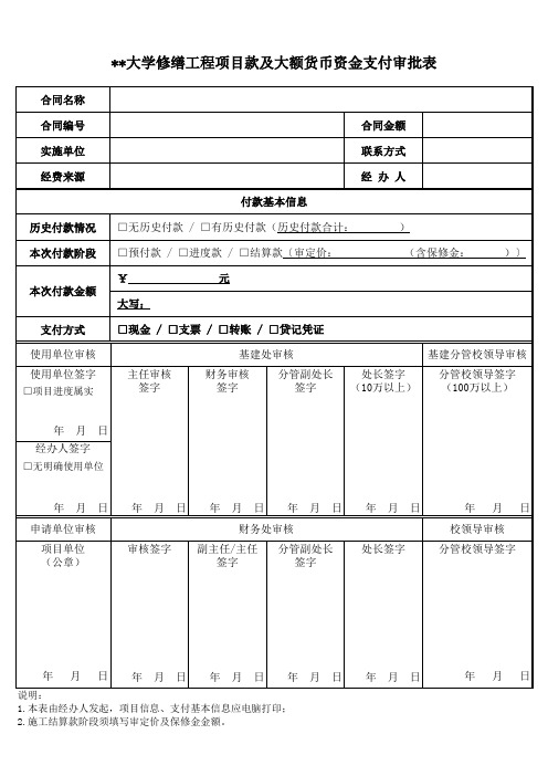 修缮工程项目款及大额货币资金支付审批表