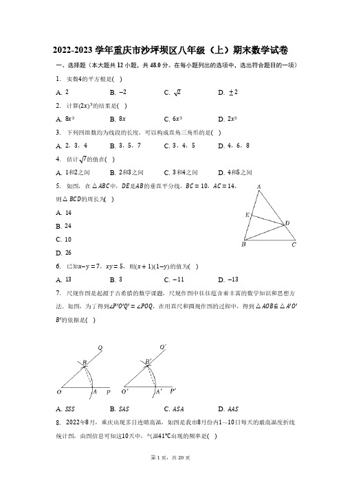 2022-2023学年重庆市沙坪坝区八年级(上)期末数学试卷(含解析)