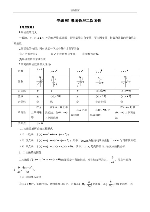 2023年新高考数学大一轮复习专题08 幂函数与二次函数(解析版)