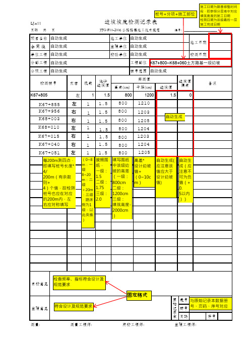 土方路基边坡坡度检测记录表(LJA11 JTG F10-2006)