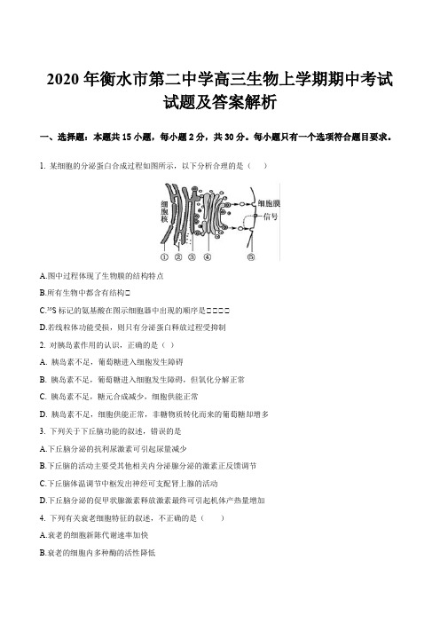 2020年衡水市第二中学高三生物上学期期中考试试题及答案解析