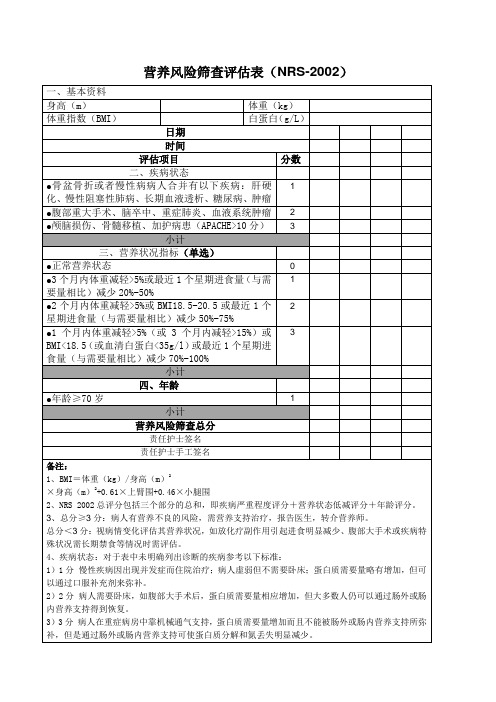 营养风险筛查评估表