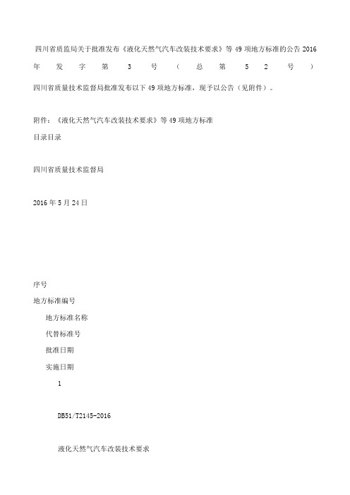 四川省质监局关于批准发布《液化天然气汽车改装技术要求》等项地方标准的公告 年发字第号总第号