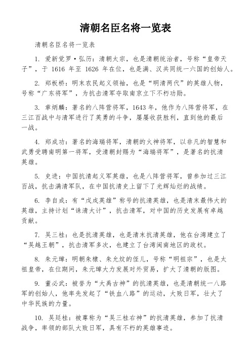 清朝名臣名将一览表