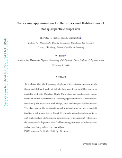 Conserving approximation for the three-band Hubbard model flat quasiparticle dispersion