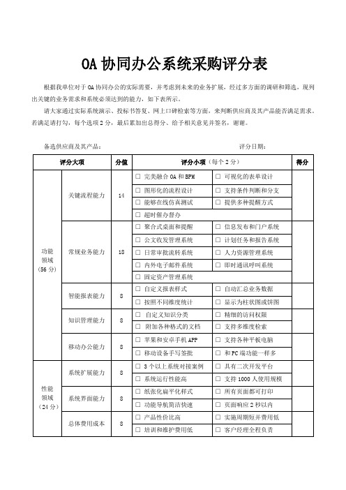 OA协同办公系统采购评分表