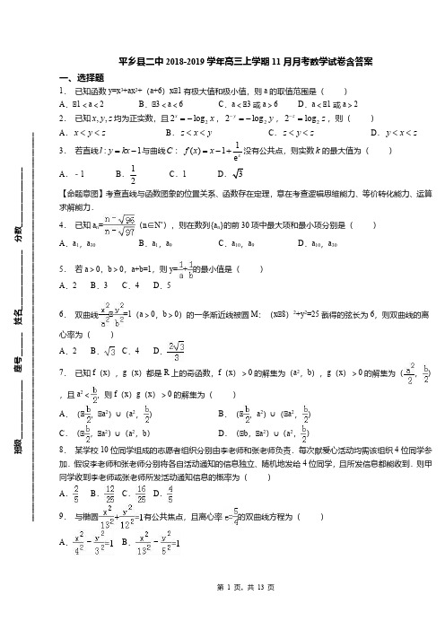 平乡县二中2018-2019学年高三上学期11月月考数学试卷含答案