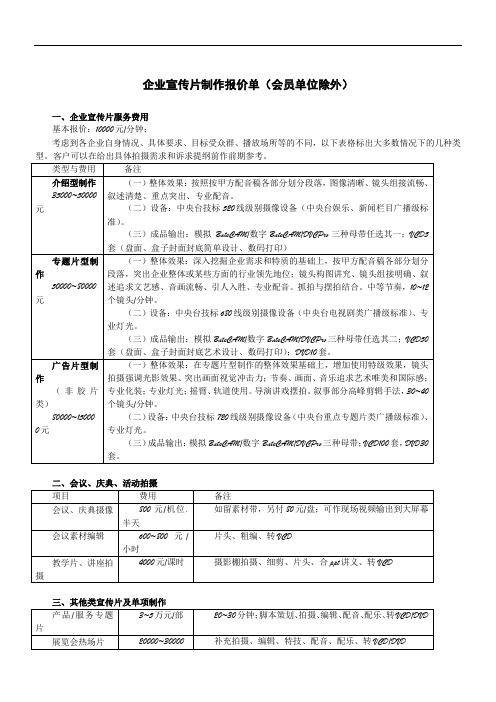 影视广告制作报价单