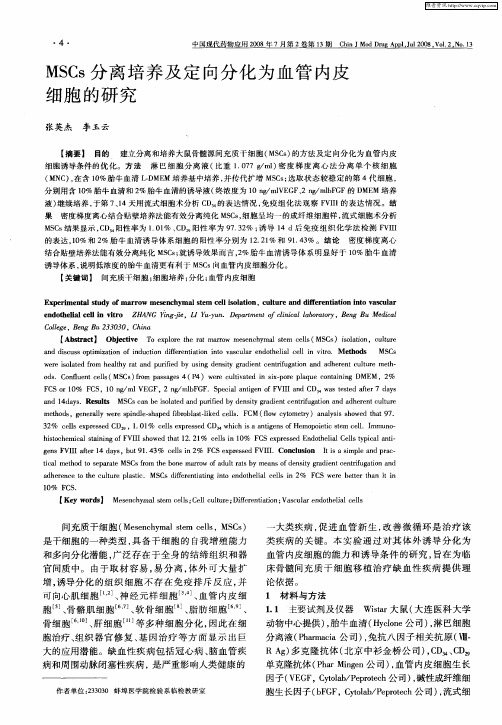 MSCs分离培养及定向分化为血管内皮细胞的研究