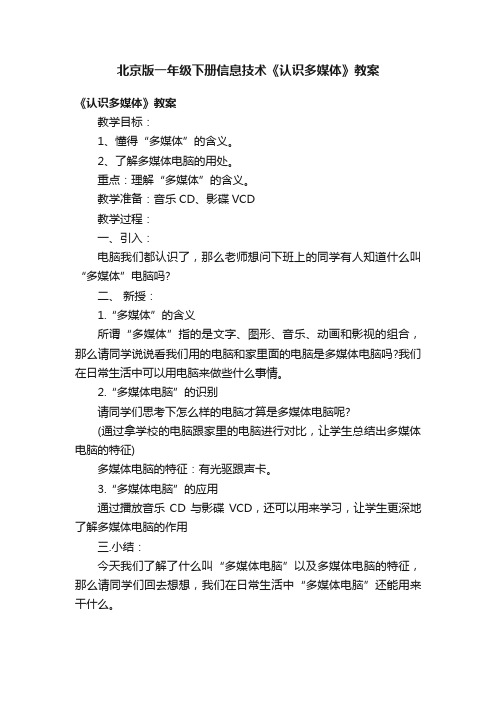 北京版一年级下册信息技术《认识多媒体》教案