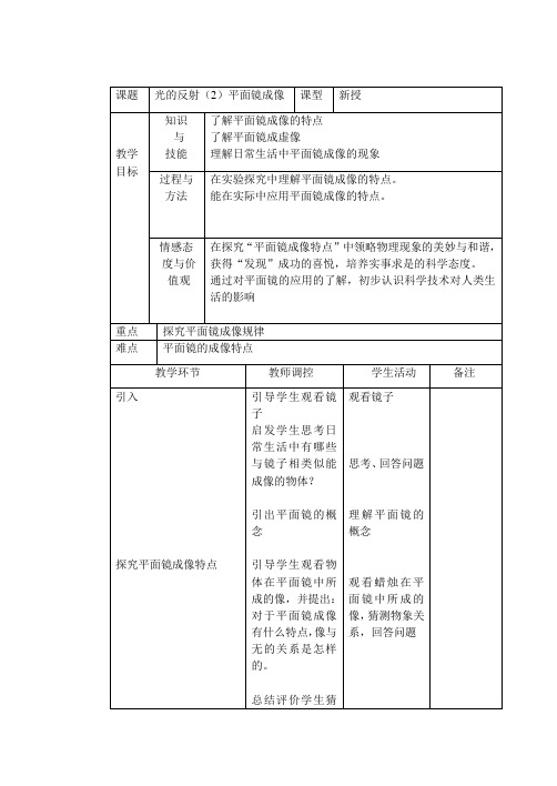 沪科版-物理沪科物理八年级第四章第二节光的反射(平面镜成像)教案